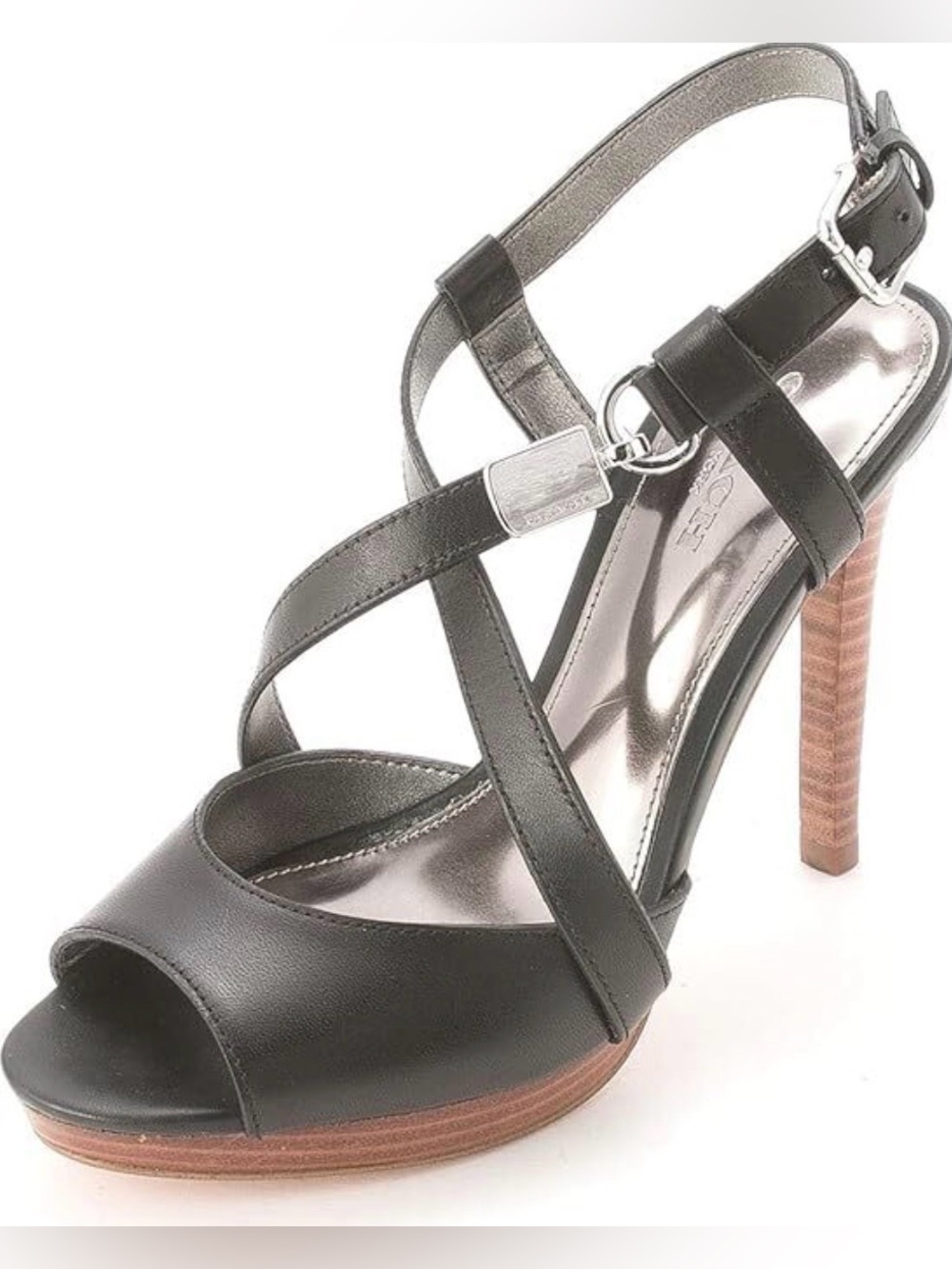 COACH Wendelle Black Leather Wood Platform Crisscross Heeled Sandals Sz 8 - flaw